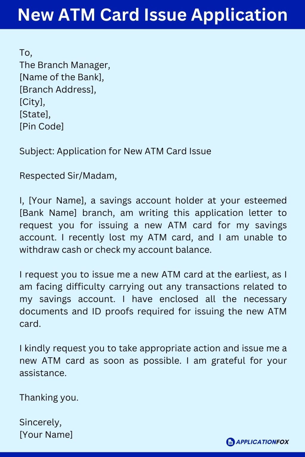 application letter for atm in bank