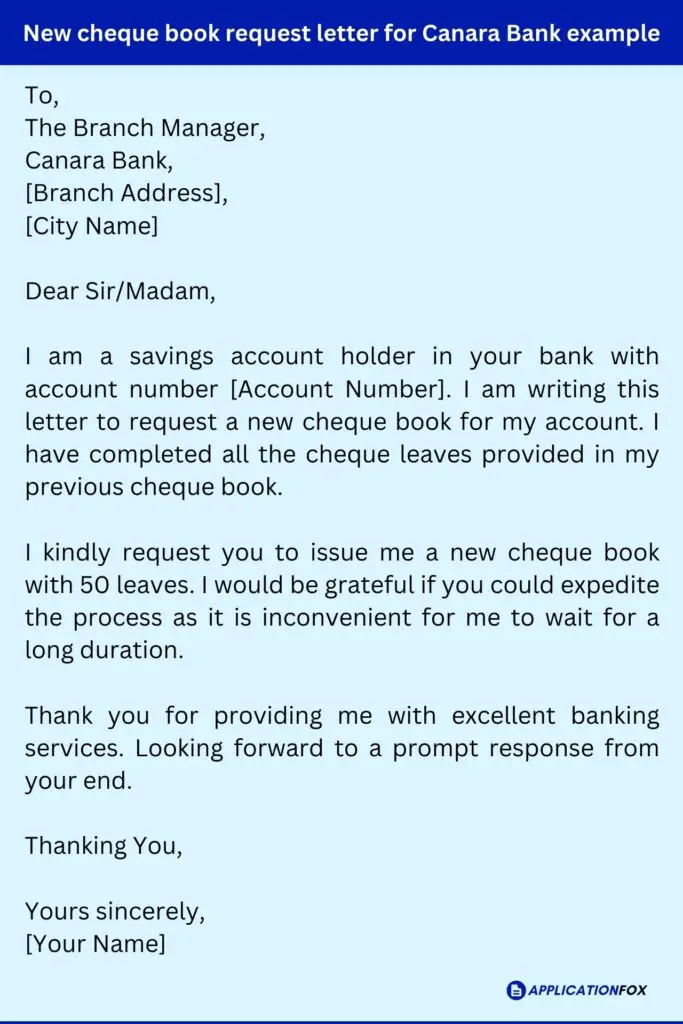 New cheque book request letter for Canara Bank example