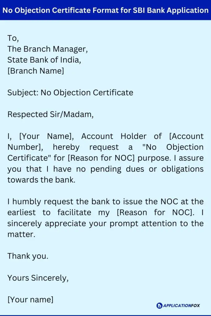 No Objection Certificate Format for SBI Bank Application
