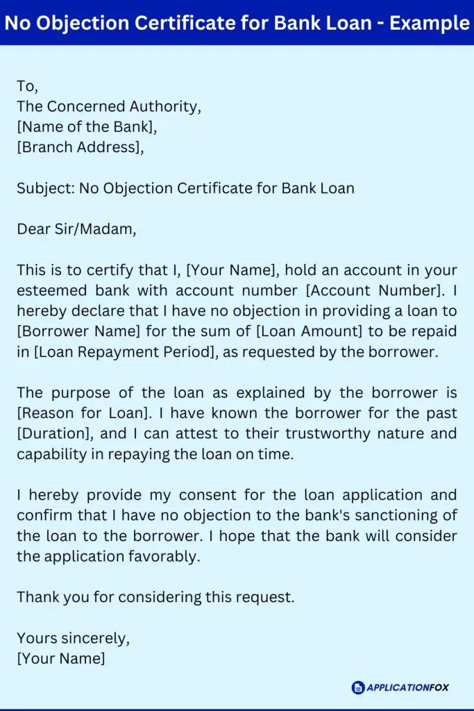 No Objection Certificate for Bank Loan - Example