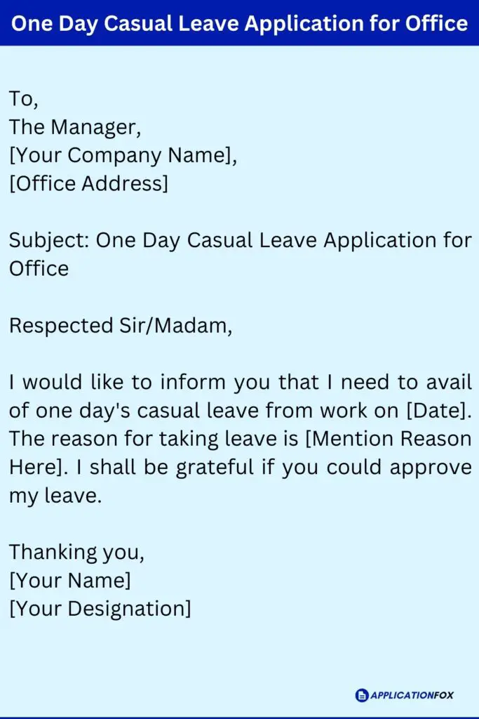 One Day Casual Leave Application for Office