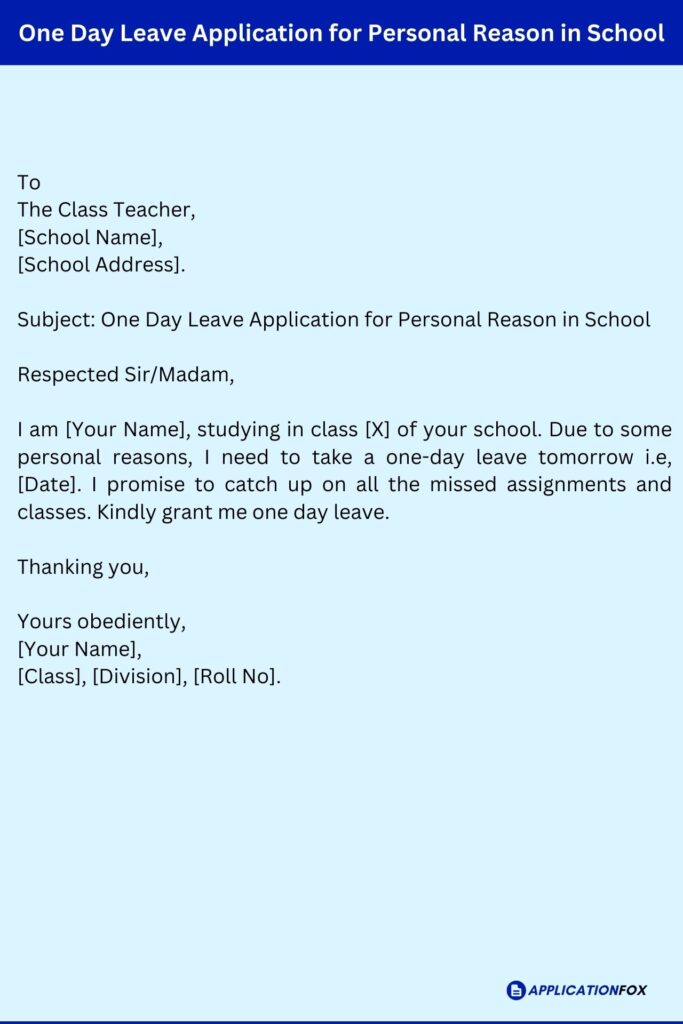 One Day Leave Application for Personal Reason in School