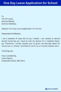 (7 Samples) Application for Leave in School for 1 Day