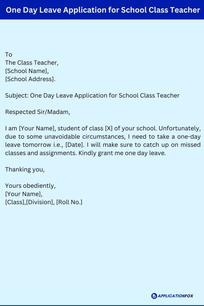 One Day Leave Application for School Class Teacher