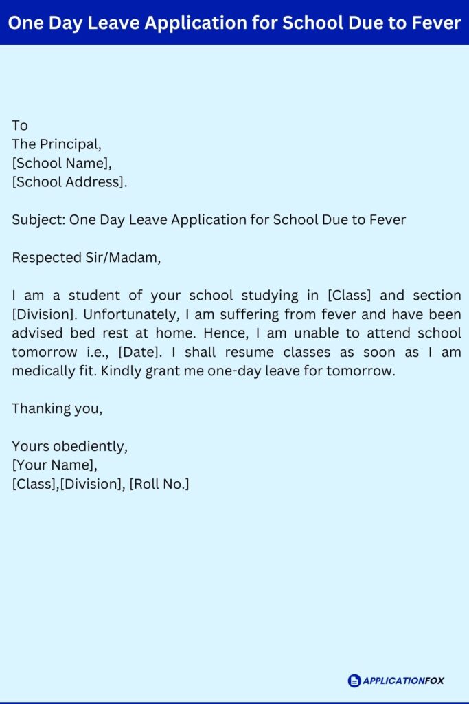 One Day Leave Application for School Due to Fever
