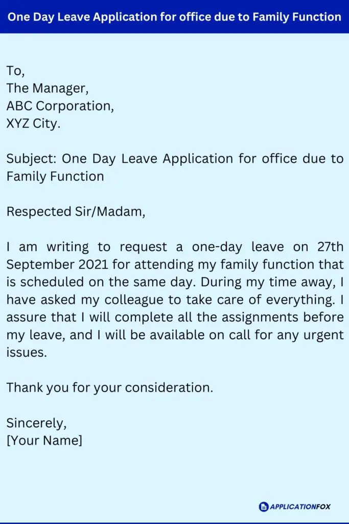 One Day Leave Application for office due to Family Function