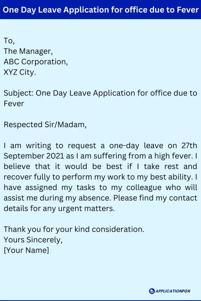 One Day Leave Application for office due to Fever