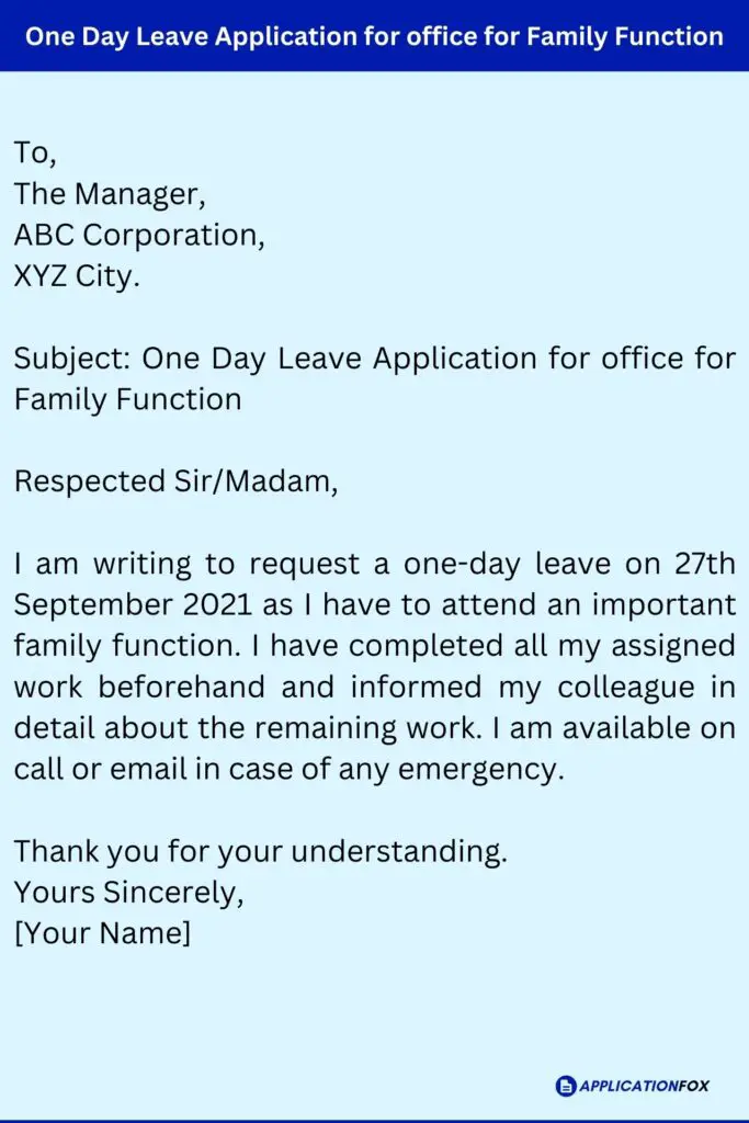 One Day Leave Application for office for Family Function