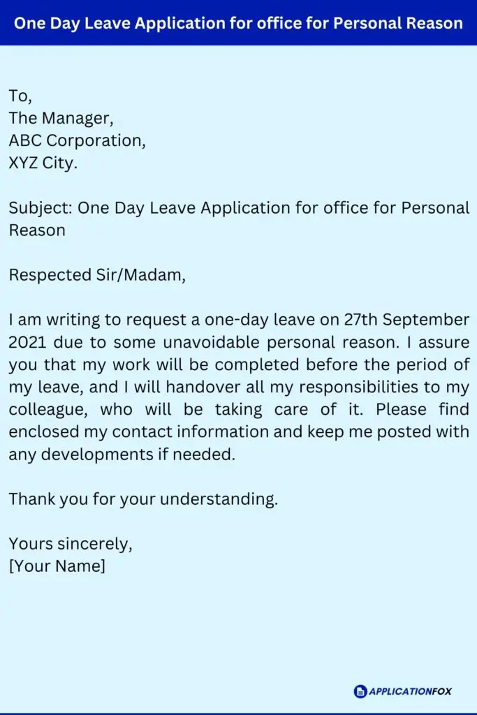 One Day Leave Application for office for Personal Reason