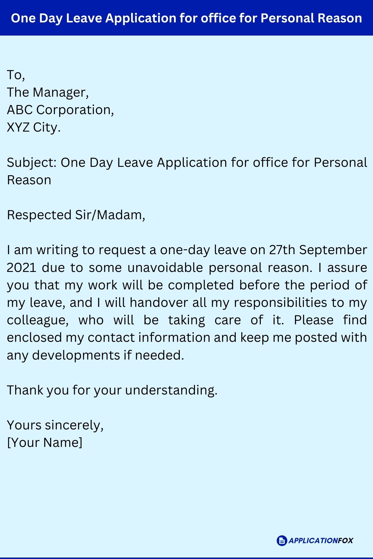 leave application letter for one day