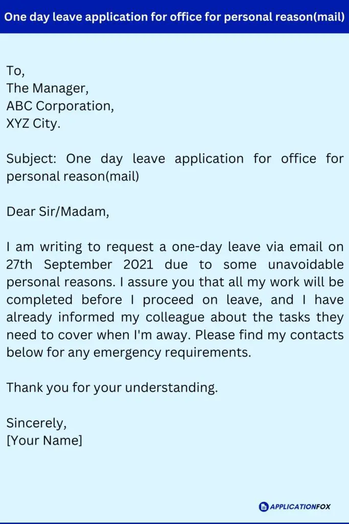One day leave application for office for personal reason(mail)