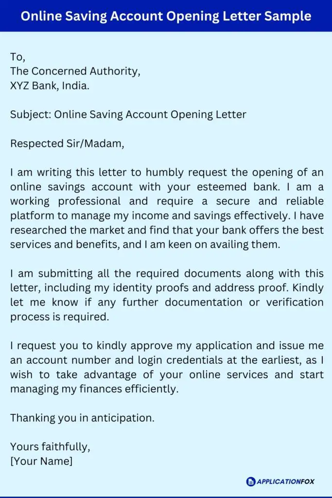 Online Saving Account Opening Letter Sample