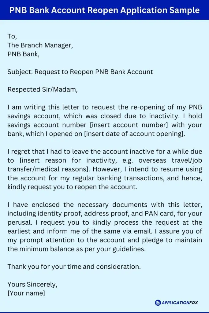 PNB Bank Account Reopen Application Sample