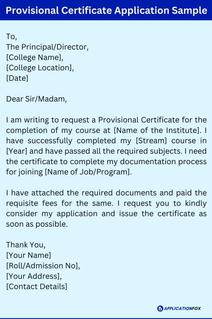 Provisional Certificate Application Sample