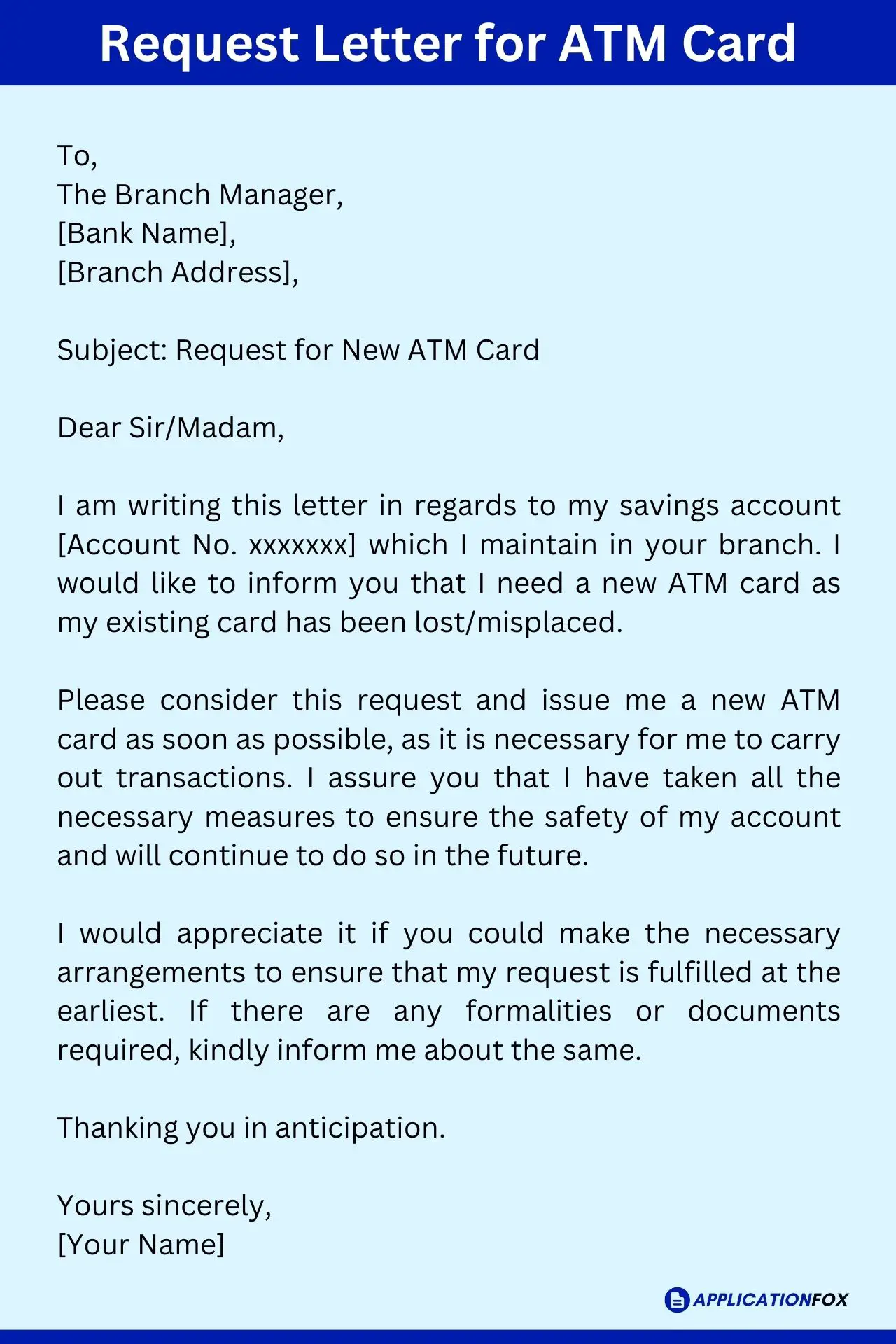 application letter for atm in bank