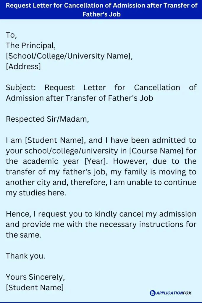 Request Letter for Cancellation of Admission after Transfer of Father's Job