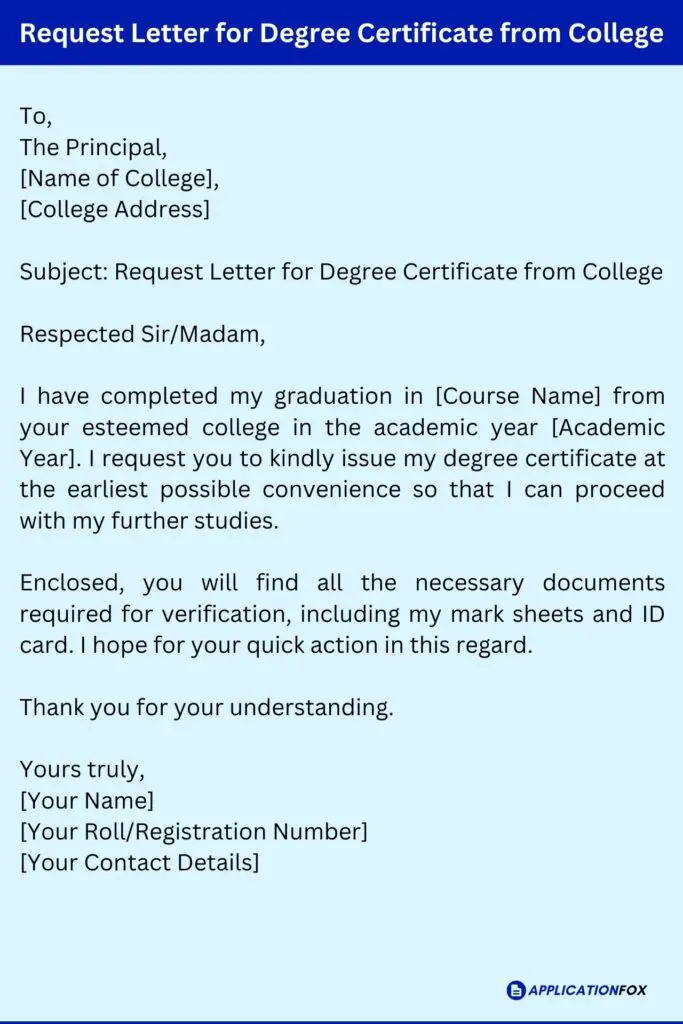 application letter to get degree certificate from college