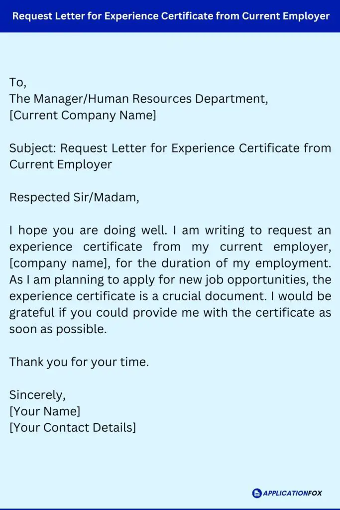 Request Letter for Experience Certificate from Current Employer