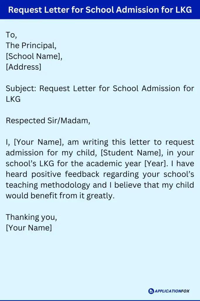 Request Letter for School Admission for LKG