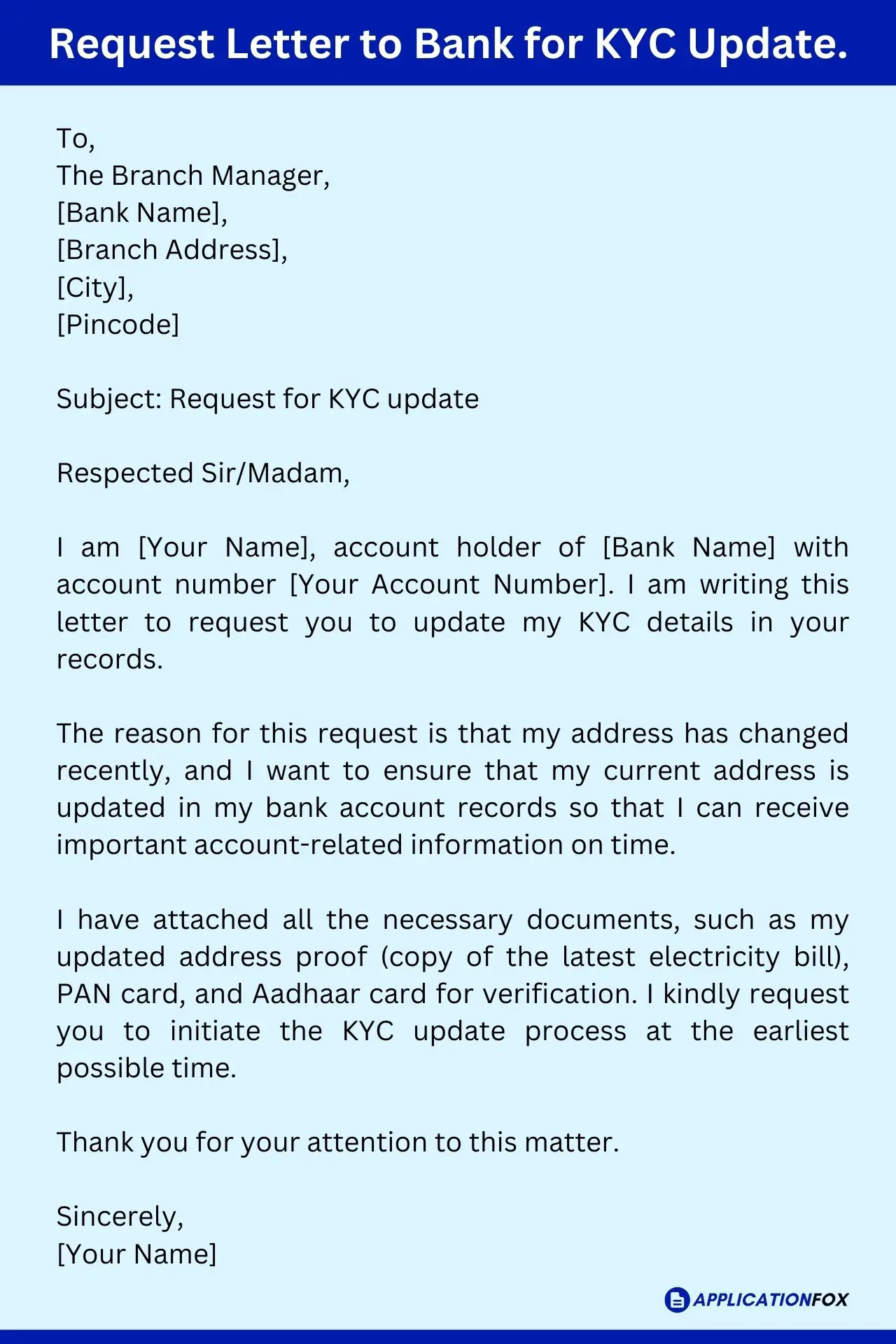 bank kyc application letter in english