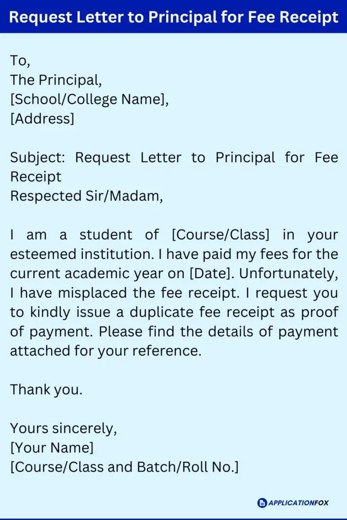 Request Letter to Principal for Fee Receipt