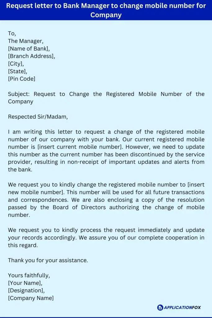 Request letter to Bank Manager to change mobile number for Company