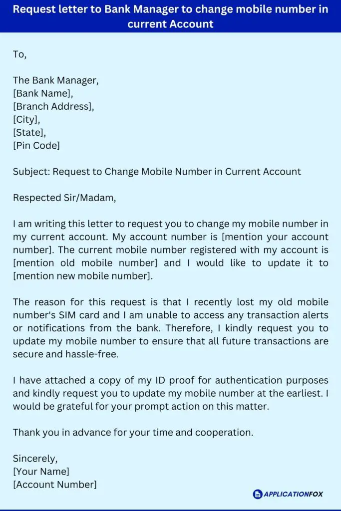 Request letter to Bank Manager to change mobile number in current Account