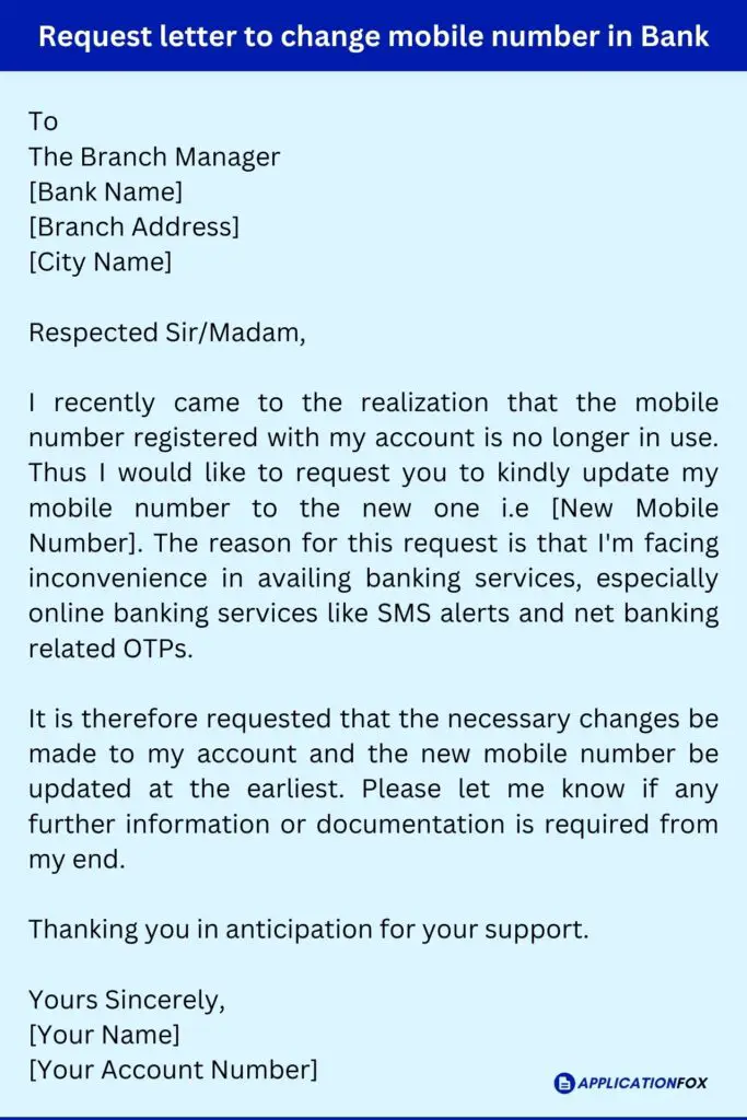 Request letter to change mobile number in Bank