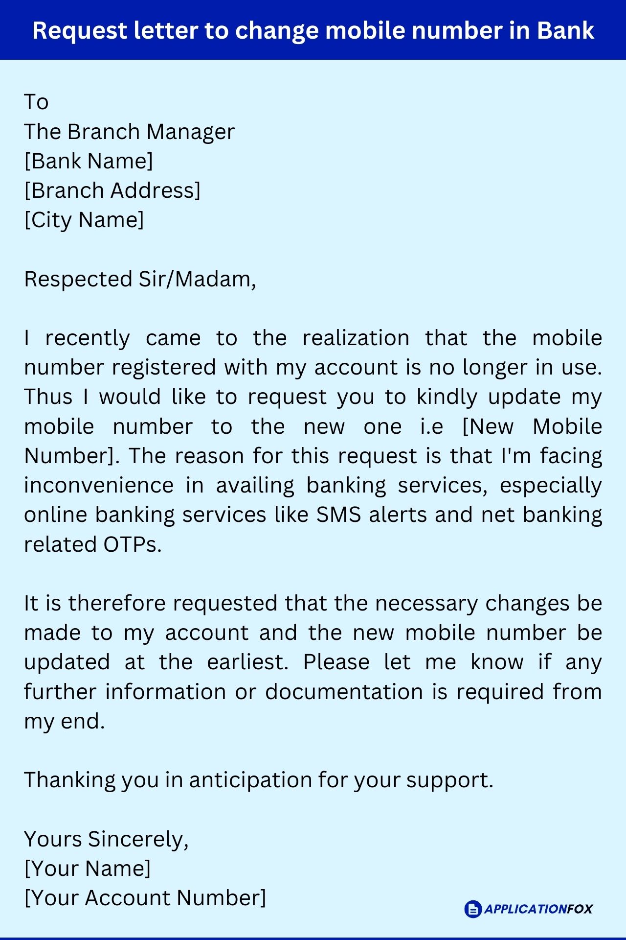 (11+) Application for Change Mobile Number in Bank Account