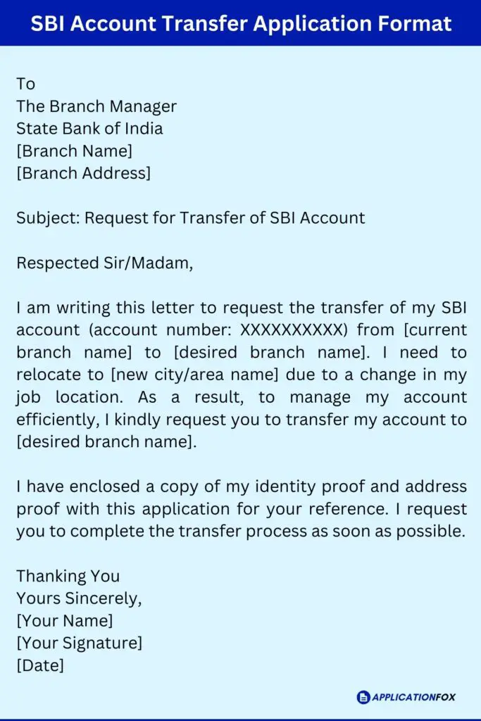 SBI Account Transfer Application Format