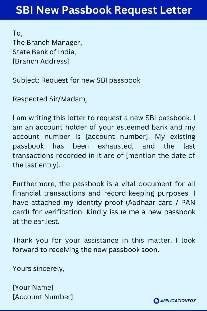 SBI New Passbook Request Letter