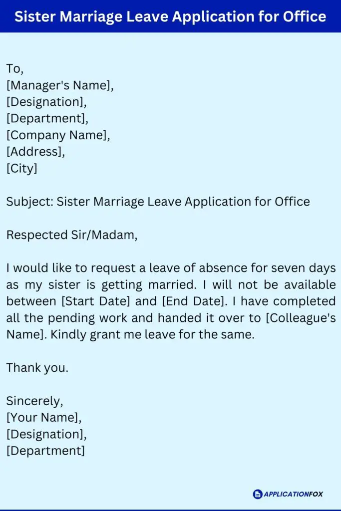 Sister Marriage Leave Application for Office