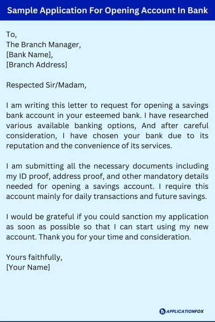 Sample Application For Opening Account In Bank