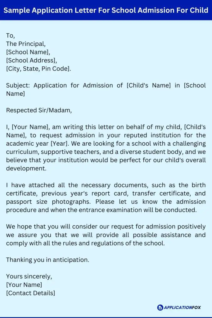 Sample Application Letter For School Admission For Child