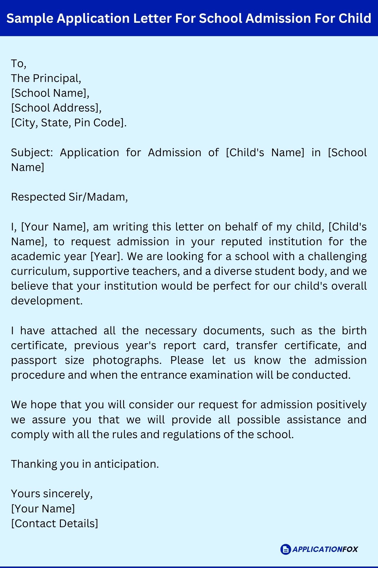 application letter for jr kg admission