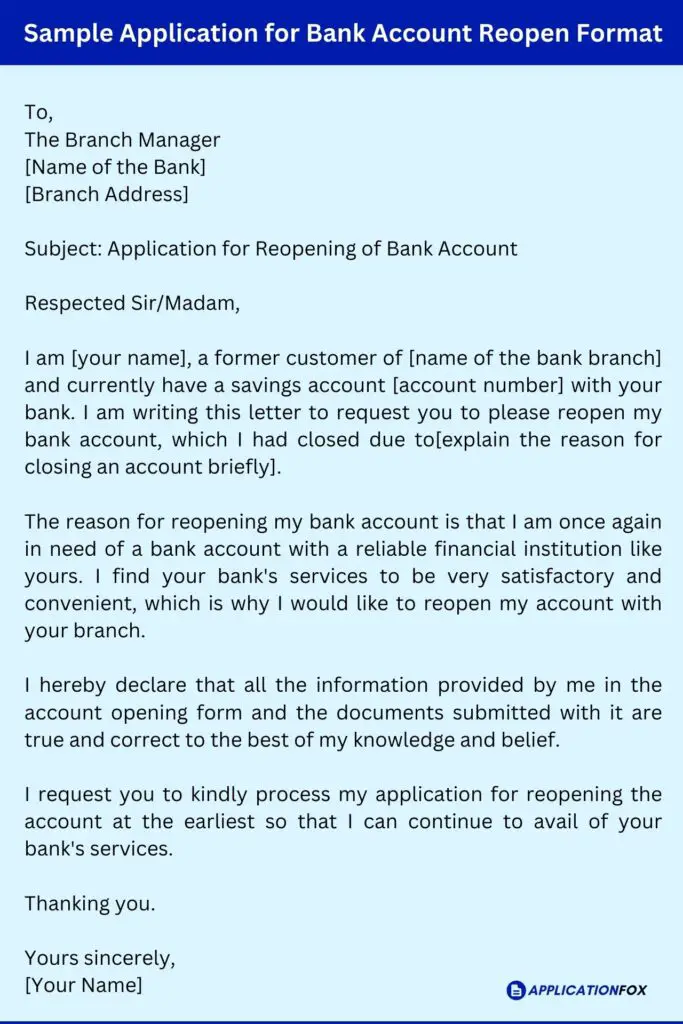 Sample Application for Bank Account Reopen Format