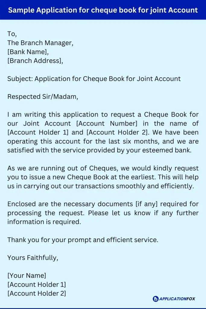 Sample Application for cheque book for joint Account