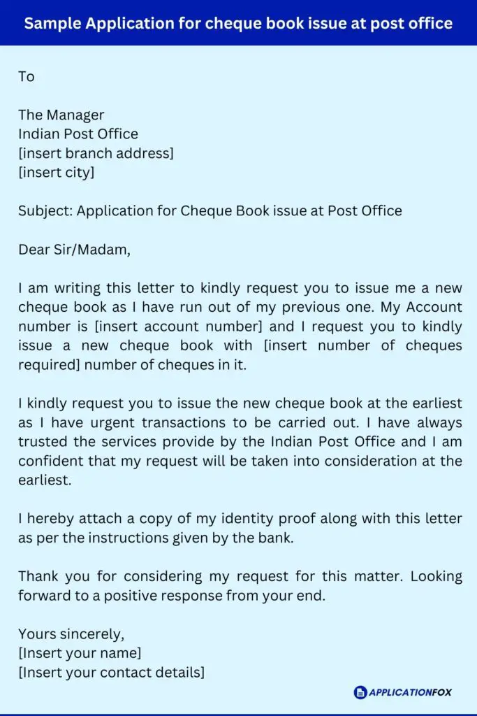 Sample Application for cheque book issue at post office