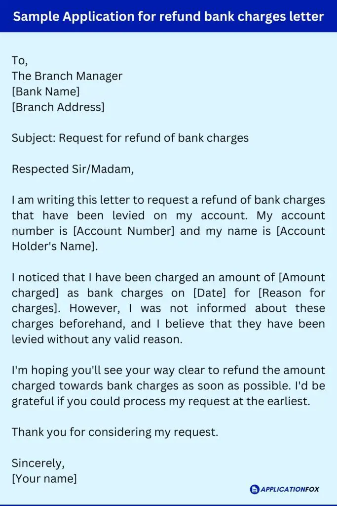 Sample Application for refund bank charges letter
