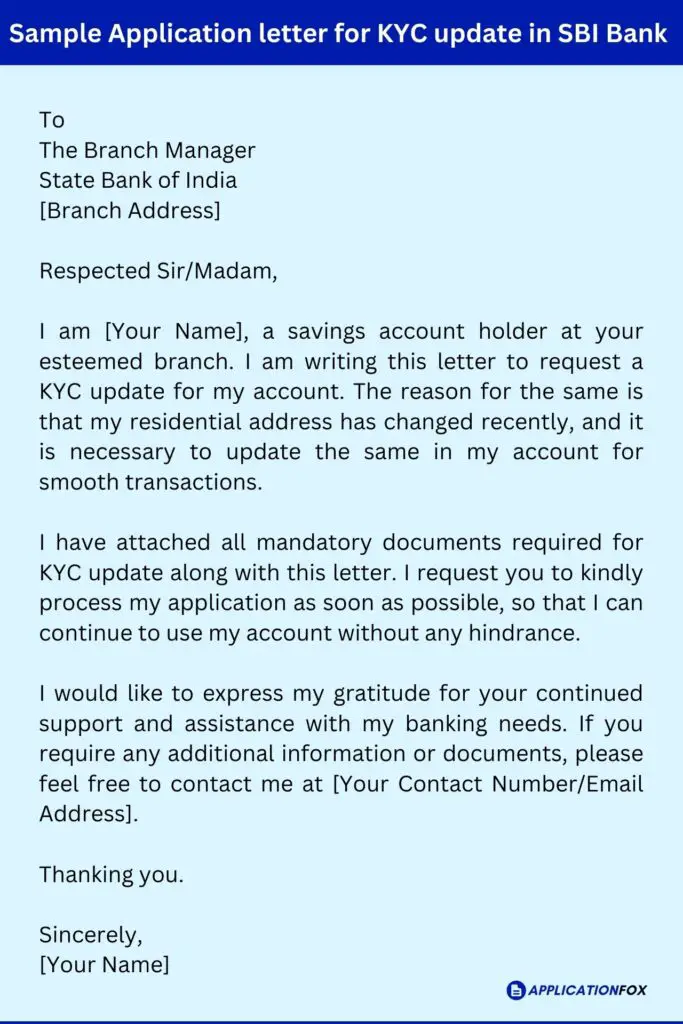 Sample Application letter for KYC update in SBI Bank