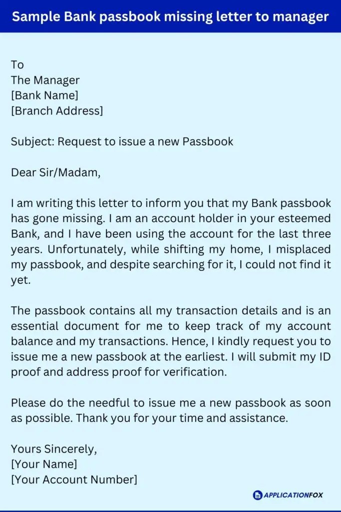 Sample Bank passbook missing letter to manager