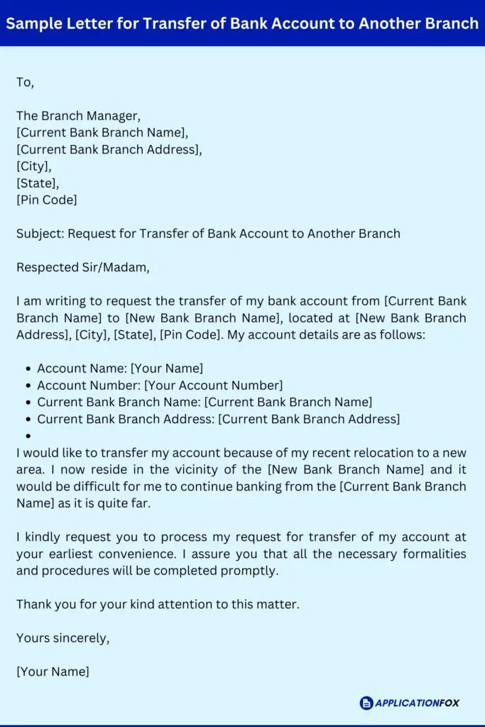 Sample Letter for Transfer of Bank Account to Another Branch