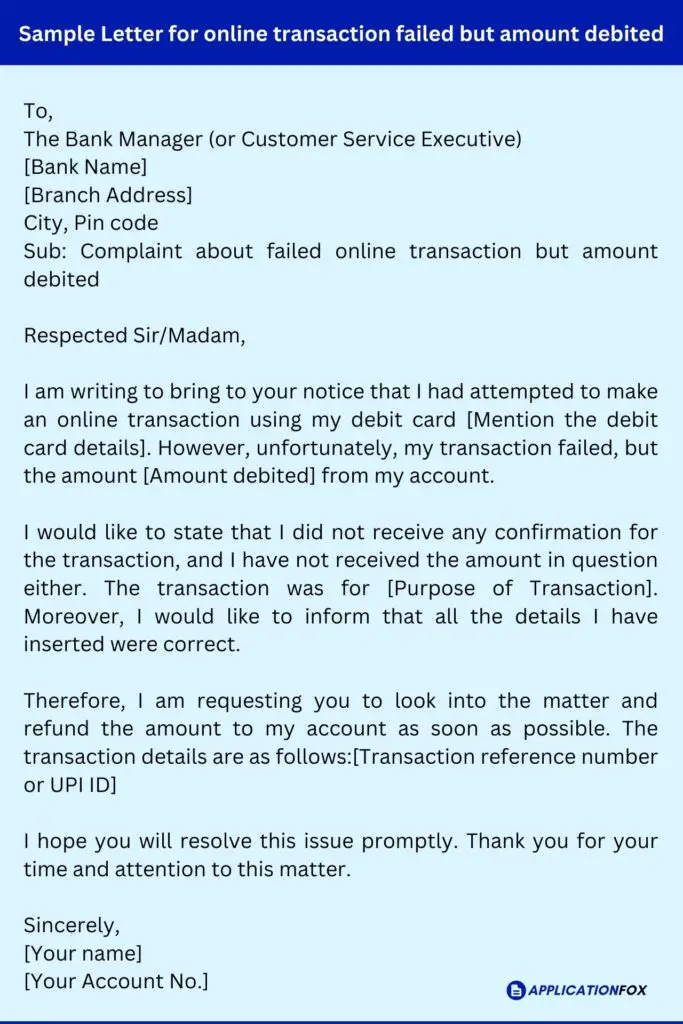Sample Letter for online transaction failed but amount debited