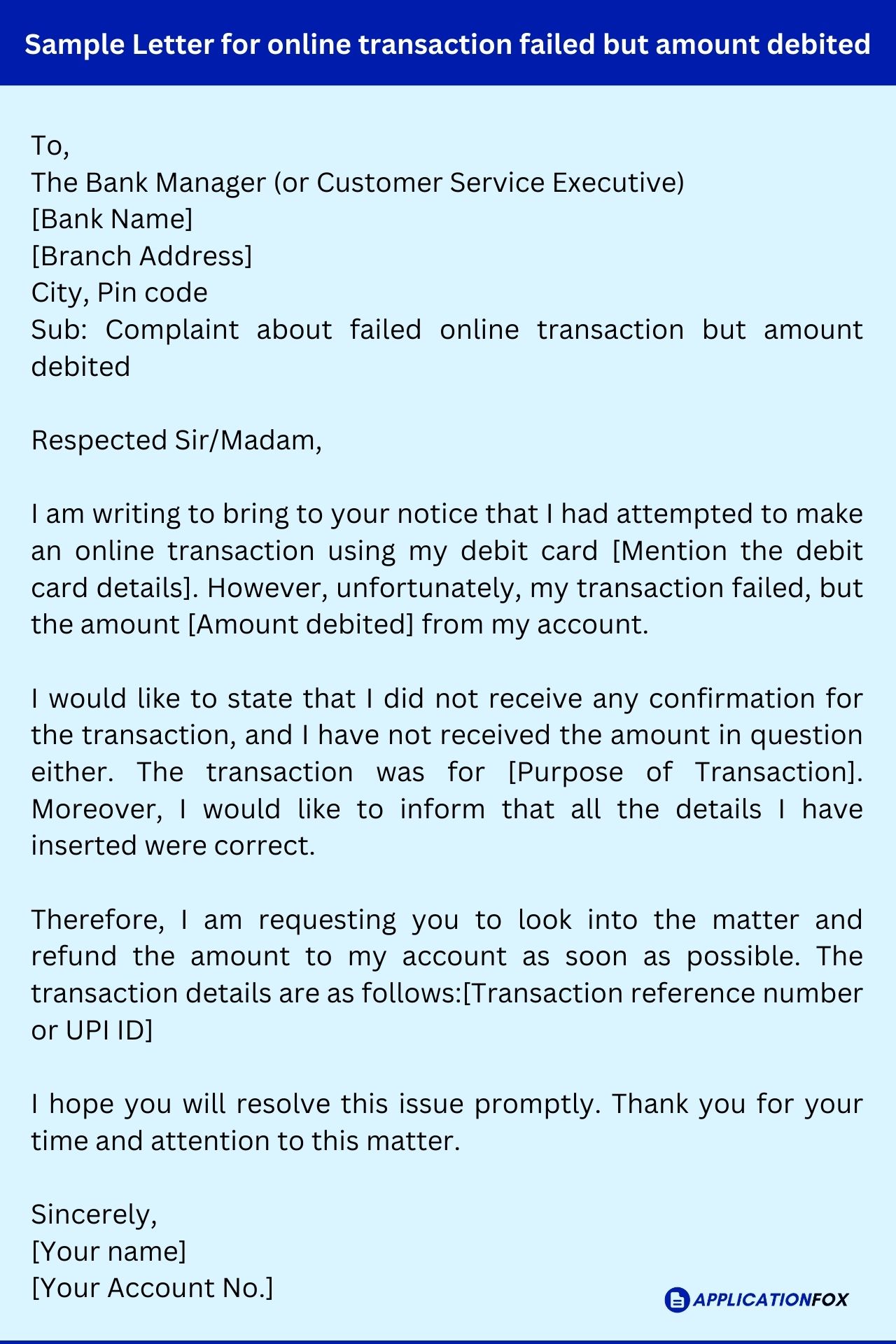 (8+) Application to the Bank Manager for Refund of Money
