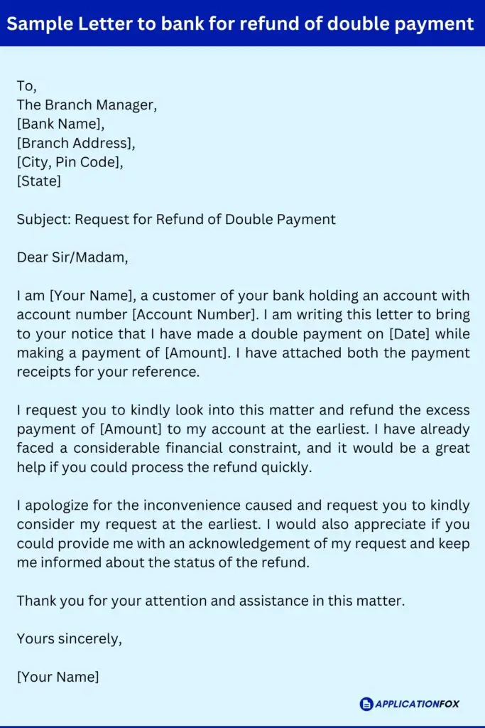 Sample Letter to bank for refund of double payment