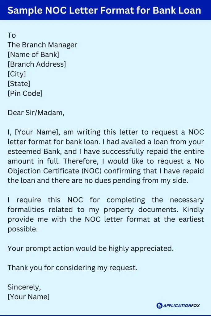 Sample NOC Letter Format for Bank Loan
