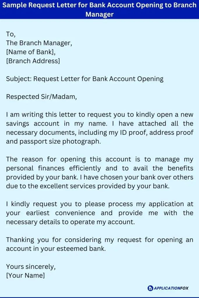 Sample Request Letter for Bank Account Opening to Branch Manager