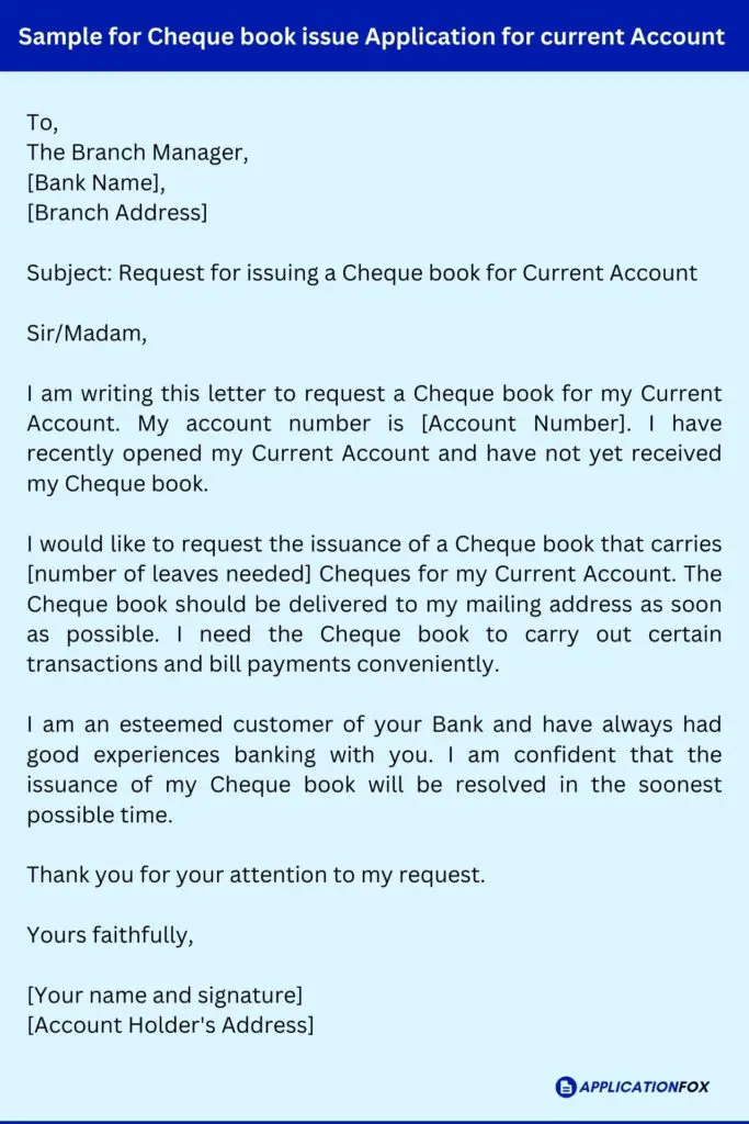 Sample for Cheque book issue Application for current Account