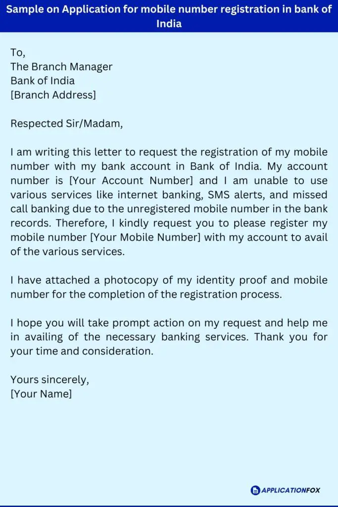 Sample on Application for mobile number registration in bank of India