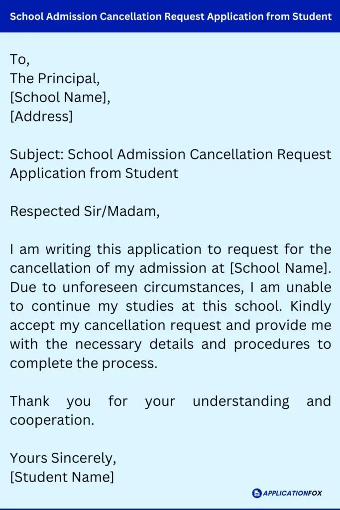 School Admission Cancellation Request Application from Student